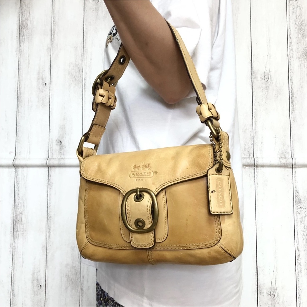 Coach Bleeker Legacy Tattersall Flap Leather Shoulder Bag in Tan
